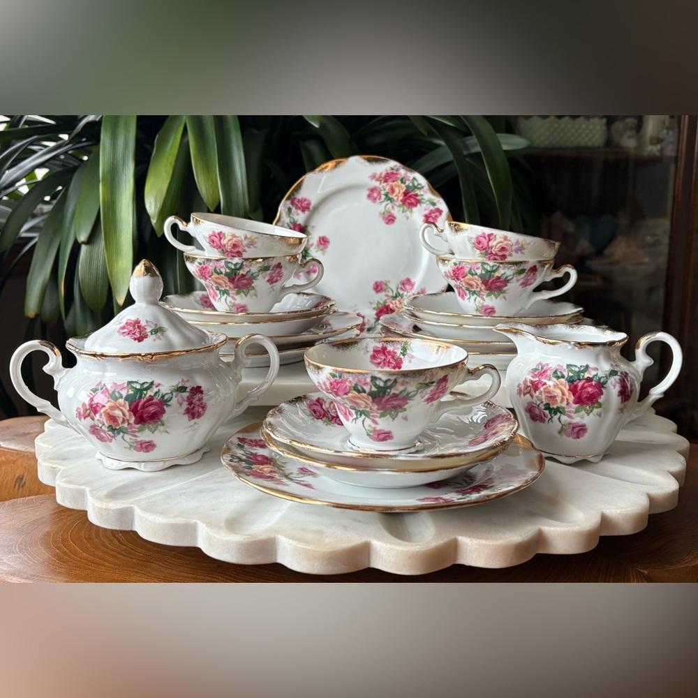 20 Piece Lefton ESD 8155 Hand Painted Gold + Floral Porcelain Tea Set - Vintage